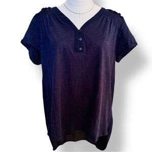 EVERLEIGH Navy Blue Flowy Smocked Short Sleeve Tee T-shirt Tunic Top Blouse